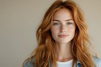 Young woman with natural red hair, freckles and blue eyes smiling at camera wearing casual denim jacket and white t-shirt against neutral background.