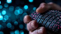 Fingers typing on illuminated keyboard with blue bokeh background, close-up view showing technology interaction in dark ambient setting.