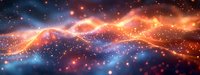 Cosmic nebula with vibrant orange and blue energy waves flowing through starry space, creating a dramatic celestial landscape.