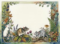 Watercolor frame with cute mice among wildflowers, berries, ferns and autumn leaves, copy space in center for text or design.