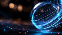 Glowing blue sphere with light trails and energy streams against dark background with bokeh effects creates futuristic technological atmosphere.