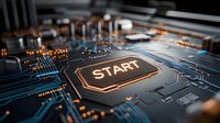 Futuristic circuit board with glowing START button and orange LED lights on dark microchip processor for technology and innovation concepts.