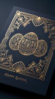 Elegant navy blue Easter greeting card with ornate gold foil decorated eggs and flourish border design for luxury holiday celebrations.