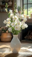 White gladiolus flowers in ceramic vase on woven placemat near window, soft natural lighting creates gentle shadows, cozy home interior setting with blurred background.