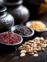 Assorted dried cranberries, chocolate chips, nuts and seeds arranged in ceramic bowls on dark wooden surface, selective focus on ingredients for baking and snacking.