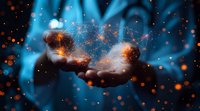 Glowing digital network floating over cupped hands against dark background with blue light rays and orange particles, representing global connectivity and innovation.