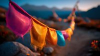Colorful prayer flags fluttering in mountain breeze at sunset, with vibrant pink, yellow, and blue fabric against blurred mountainous landscape.