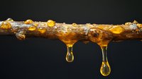 Golden honey drips from wooden branch with crystallized amber drops against dark background, macro photography showing viscous liquid texture and natural sweetness.
