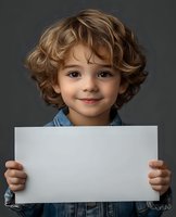Young child with curly brown hair wearing denim shirt holding blank white paper against dark background, smiling warmly at camera. Great for advertising or education.