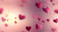Pink glittery hearts floating in dreamy soft-focus atmosphere with sparkles and bokeh effects, creating romantic Valentine's Day mood on blurred rose background.
