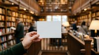 Hand holding blank white card in library with bookshelves and people in background, suitable for mockups, advertising, and promotional designs.
