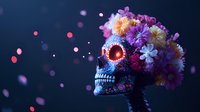 Decorative sugar skull with vibrant purple and pink daisies crown against dark background with bokeh lights, celebrating Day of the Dead tradition.