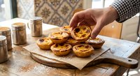 Hand selecting freshly baked Portuguese egg tarts from wooden board in rustic kitchen setting with traditional tile backsplash and spice jars.