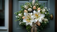 Easter wreath with fresh white lilies, natural eggs, and baby's breath flowers adorning green front door, elegant spring holiday decoration.