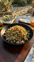 Quinoa salad with fresh vegetables served in black bowl on outdoor patio table with olive plants and Mediterranean garden setting, ideal for food and lifestyle content.