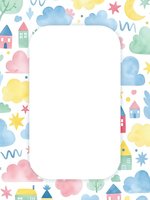 Watercolor frame with cute houses, clouds, stars and hearts creating colorful border around white space for children design projects and nursery decor.
