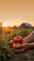 Farmer hands holding fresh ripe tomatoes at sunset in organic vegetable garden with barn background for healthy food and agriculture concepts.