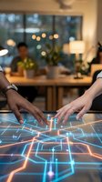 Business professionals using interactive touchscreen technology with glowing digital interface in modern office environment for presentations and collaboration.