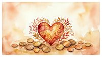 Watercolor heart with floral ornaments surrounded by gold coins on warm beige background, symbolizing love, wealth and financial prosperity.