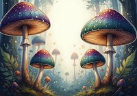 Enchanted forest mushrooms with glowing caps in mystical woodland setting, surrounded by magical light particles and lush vegetation, suitable for fantasy artwork, children's book illustrations, and whimsical game design projects.