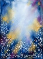 Watercolor celebration background with fireworks, stars, and ornamental flourishes in blue, gold, and purple tones. Isolated design element suitable for greeting cards, invitations, and festive projects.