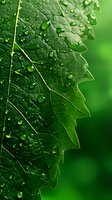 Fresh green leaf with water drops and detailed vein texture in macro photography against blurred natural background. Perfect for environmental concepts.
