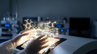 Young adult male with medium skin tone using tablet device with glowing molecular structure and network connections emerging from screen, representing biotechnology, scientific research, and digital innovation in laboratory setting.