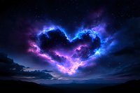 Cosmic heart-shaped nebula glows with vibrant blue and purple colors against dark night sky, stars twinkling through mystical space clouds over mountain silhouette.