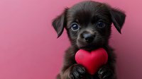 Adorable black puppy holding red heart shape against pink background, looking at camera with bright blue eyes. Sweet Valentine's day or love concept pet portrait.