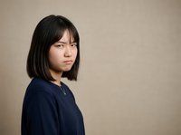 Young Asian woman with shoulder-length black hair and bangs wearing dark navy sweater, looking over shoulder against neutral beige background. Portrait for advertising, lifestyle, and editorial use.