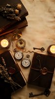 Vintage antique collection with pocket watches, compass, old keys, leather journals, candles and dried flowers on aged parchment background for nostalgic designs.