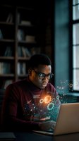 Young African American male software developer working on laptop with holographic data visualization and network connections in modern office library.