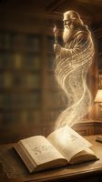 Mystical elderly wizard with long beard emerging from glowing ancient book with magical light effects in atmospheric library setting for fantasy concepts.