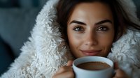 Young woman wrapped in cozy white blanket holding hot chocolate cup with gentle smile, enjoying relaxing winter morning at home in soft natural lighting.