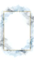 Elegant gold frame with soft blue and gray watercolor clouds on white background for wedding invitations, greeting cards and stationery design projects.