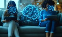 Diverse women using digital devices with glowing brain AI interface visualization, neural networks and machine learning concept on futuristic holographic display.