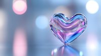 Shiny glass heart with iridescent rainbow colors reflecting on glossy surface against soft bokeh background in pink and blue tones. Romantic holiday concept.