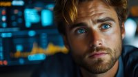 Young bearded Caucasian male professional looking at glowing screens with focused expression in dark office environment, blue technology lights reflecting on face.