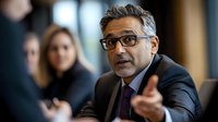 Middle-aged South Asian businessman in glasses and suit gesturing expressively during corporate meeting discussion, with colleagues in background, professional setting.