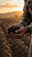 Farmer holding rich dark soil in cupped hands over plowed field at golden sunset, symbolizing agriculture, land care, and sustainable farming.