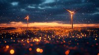 Wind turbines silhouetted against dramatic sunset sky with glowing bokeh lights scattered across dark foreground, creating magical evening atmosphere.