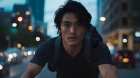 Young Asian man in black t-shirt with backpack on urban street at dusk, bokeh city lights in background, dramatic moody portrait with intense gaze and natural lighting.