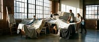 Young diverse team preparing furniture with protective covers in bright industrial loft space with large windows and exposed brick walls during moving day.