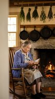Senior Caucasian woman reading book in rustic kitchen by fireplace with hanging herbs and cast iron cookware creating cozy farmhouse atmosphere.