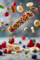 Levitating granola bar with fresh berries, nuts, and banana slices in dynamic composition against blurred background. Fresh ingredients falling in motion.