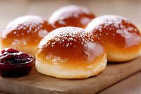 Fresh homemade sweet buns dusted with powdered sugar served on wooden board with berry jam, close up view of traditional pastry for breakfast or dessert.