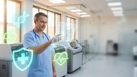 Middle-aged Caucasian male doctor in blue scrubs using tablet with digital health icons in modern hospital corridor for medical technology concepts.