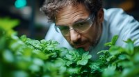Caucasian male scientist with protective glasses examining green plants in modern laboratory setting. Close-up view shows focused research of agricultural specimens.