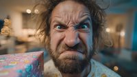 Angry bearded middle-aged Caucasian man with wild hair holding colorful gift box, expressing frustration and rage indoors during holiday season.