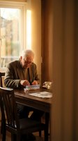 Senior Caucasian man in glasses organizing weekly pill dispenser at wooden table by window in warm home interior for healthcare and medication management.